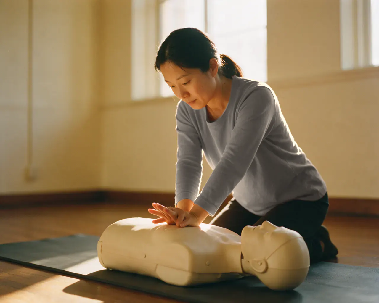 A woman practicing chest compressions on a training manikin
