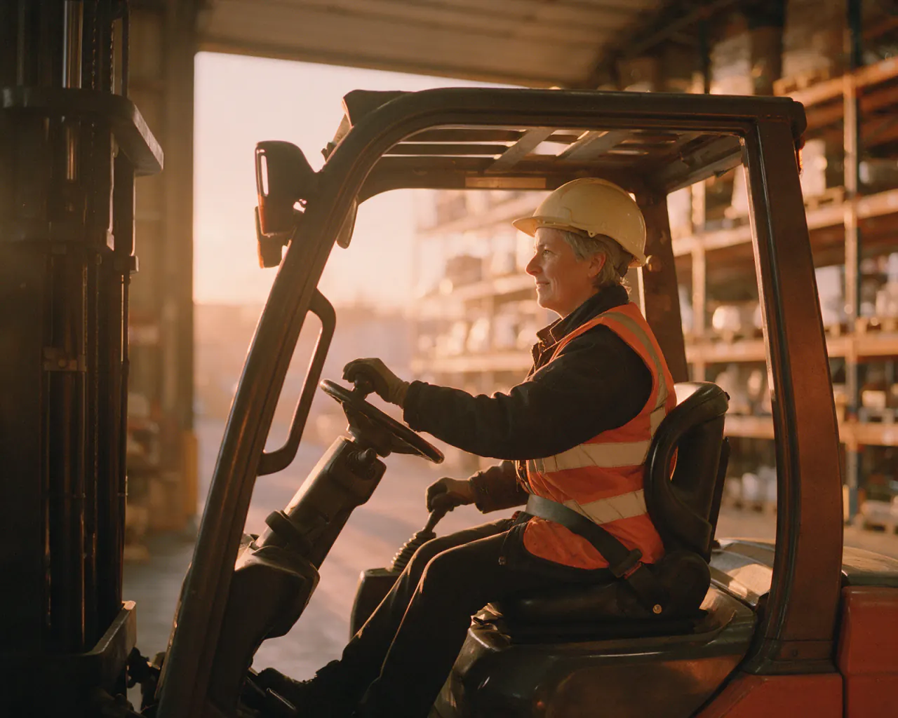A forklift operator in a hard hat and safety vest driving with her seatbelt on
