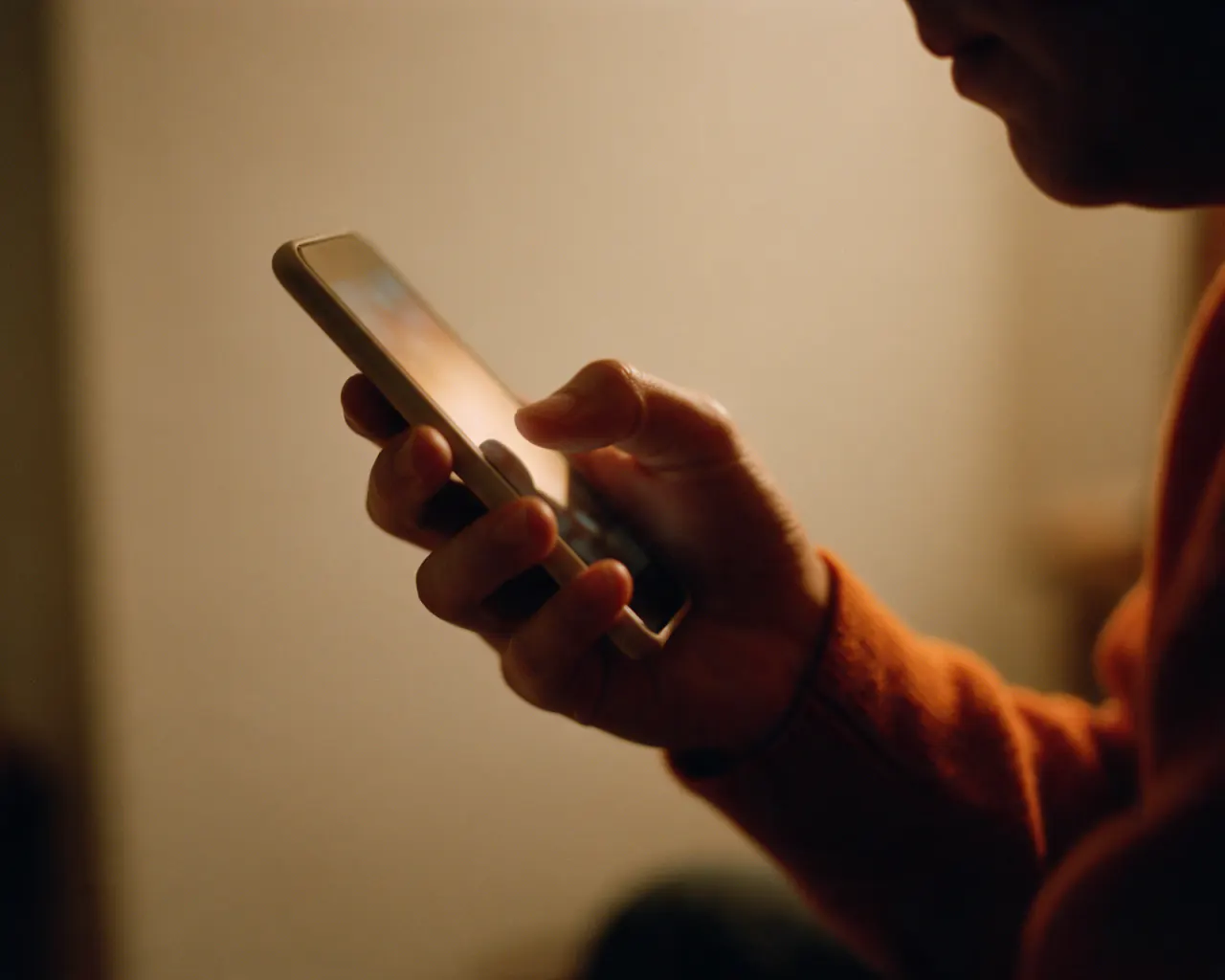 A hand holding a phone close, its screen turned away