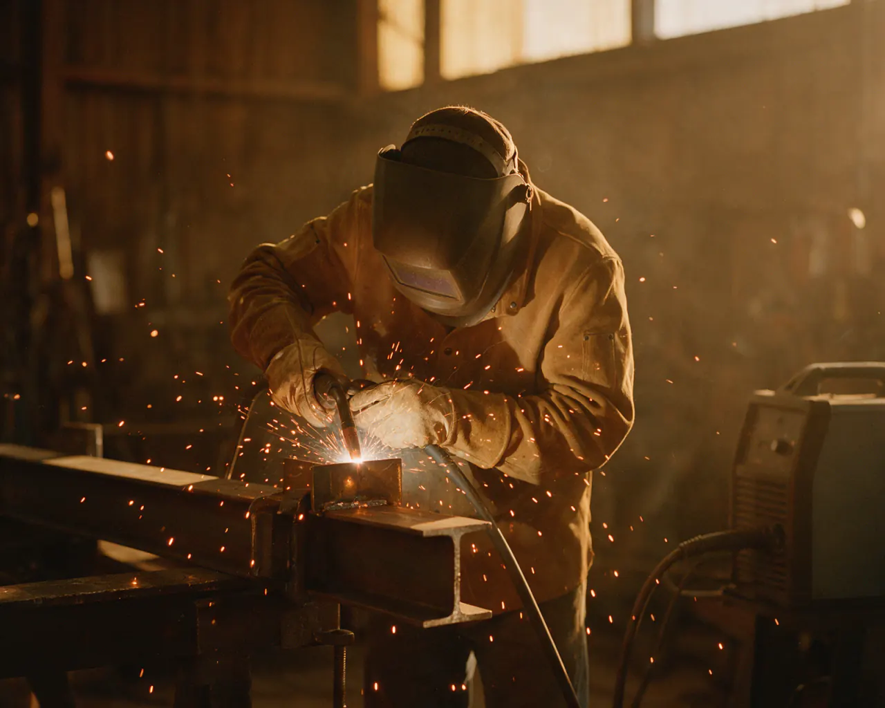 A welder in a helmet and leather gloves welding a steel beam