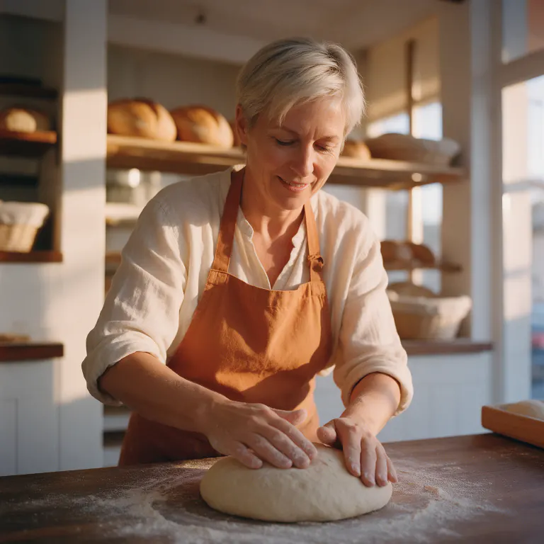 A baker shaping a loaf of dough on a floured wooden table