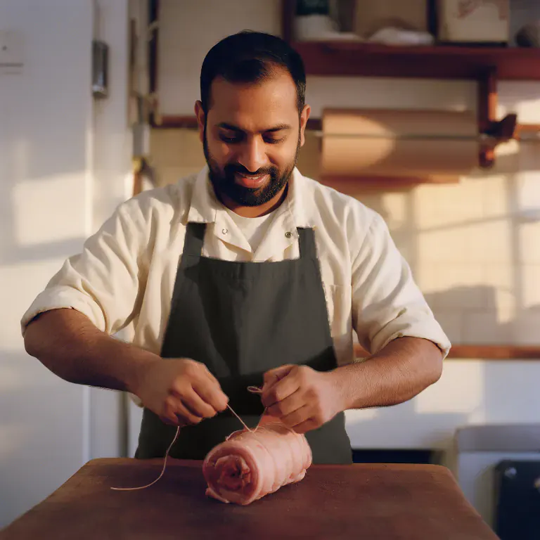 A butcher tying twine around a rolled roast