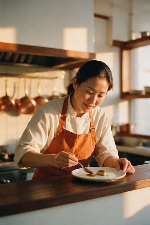 A chef in an orange apron spooning sauce onto a plated dish