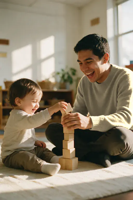 A childcare worker laughing as a toddler stacks wooden blocks