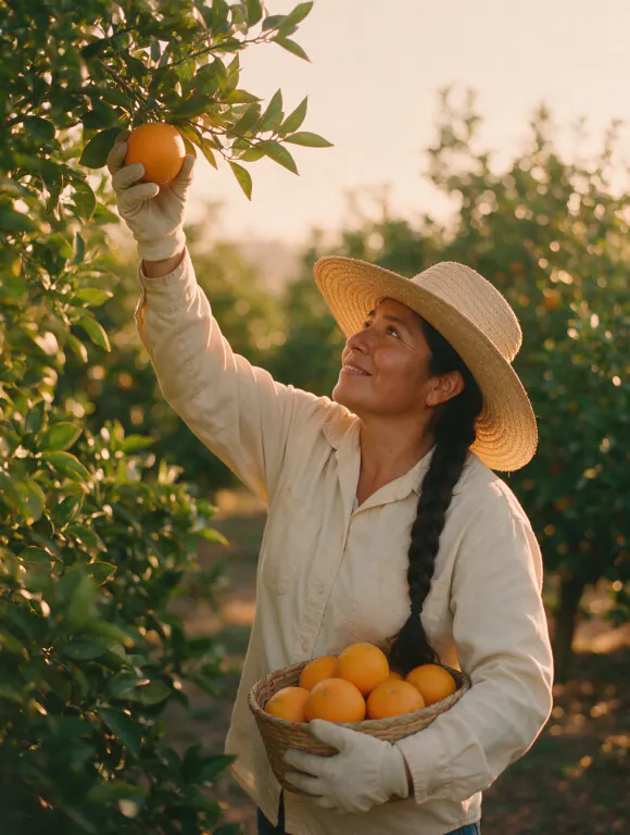 A farmworker in a straw hat picking oranges in an orchard