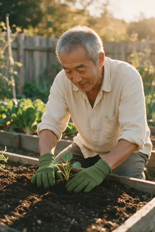 A gardener in green gloves planting a seedling in a raised bed