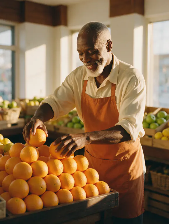 A grocer stacking oranges into a pyramid on a produce stand