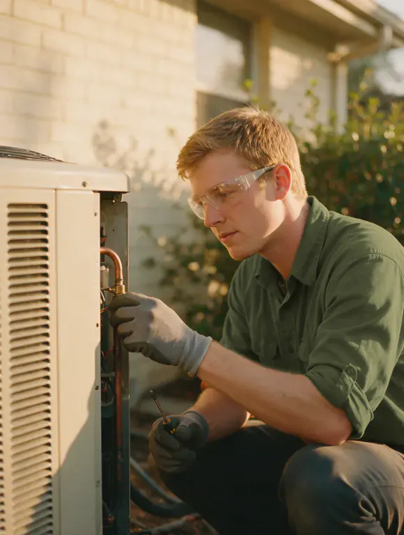 An HVAC technician servicing an outdoor air-conditioning unit