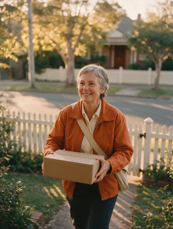 A mail carrier smiling as she brings a parcel up a garden path