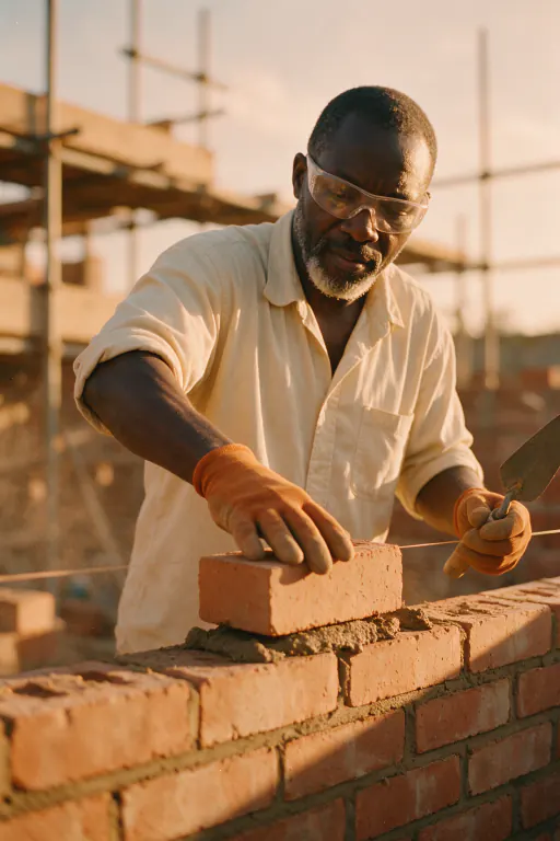 A bricklayer setting a brick on a fresh bed of mortar