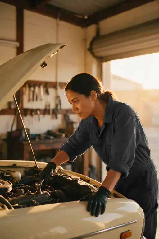 A mechanic in charcoal coveralls working in the engine bay of a car