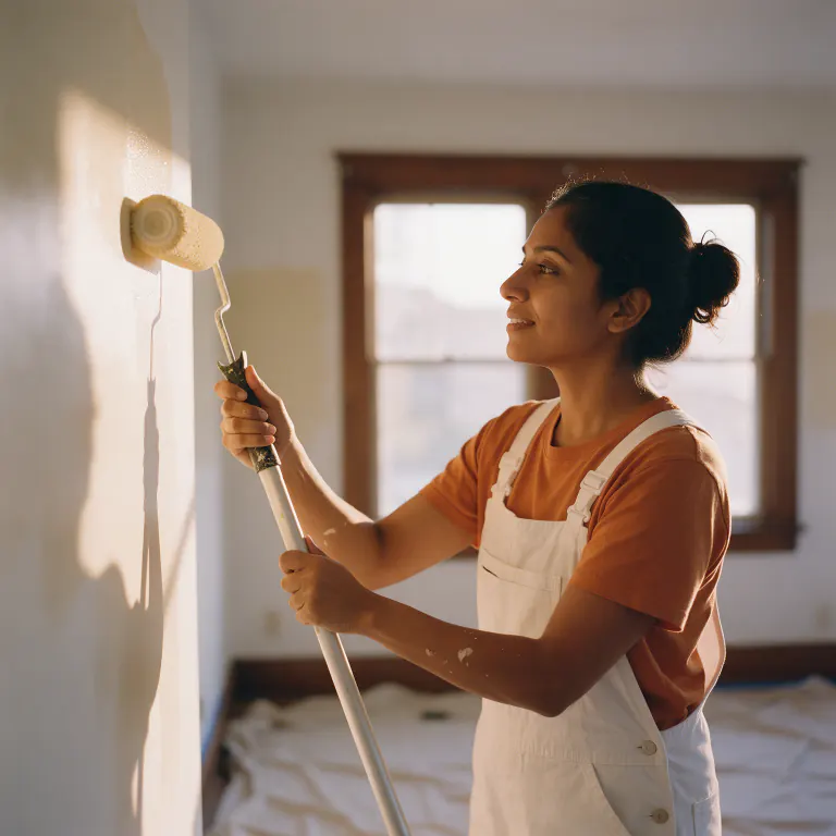 A house painter in white overalls rolling cream paint onto a wall