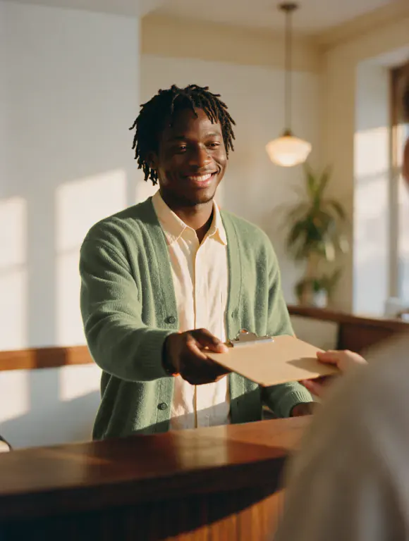 A clinic receptionist handing a clipboard across the front desk