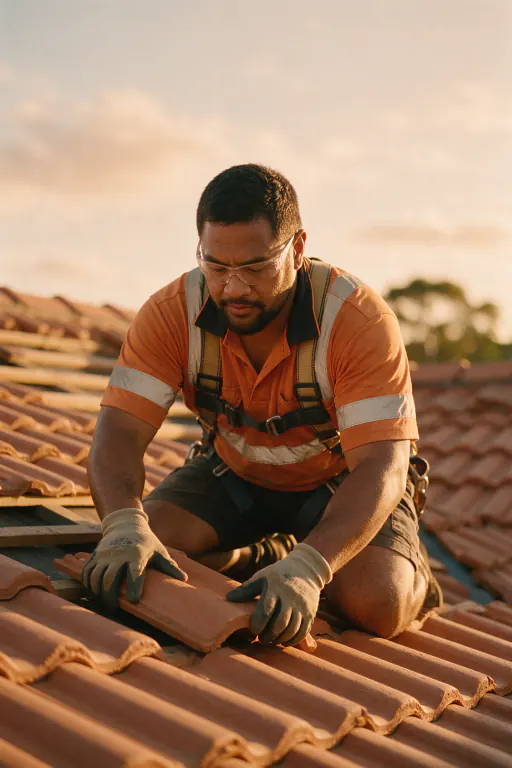 A roofer in a safety harness laying terracotta roof tiles