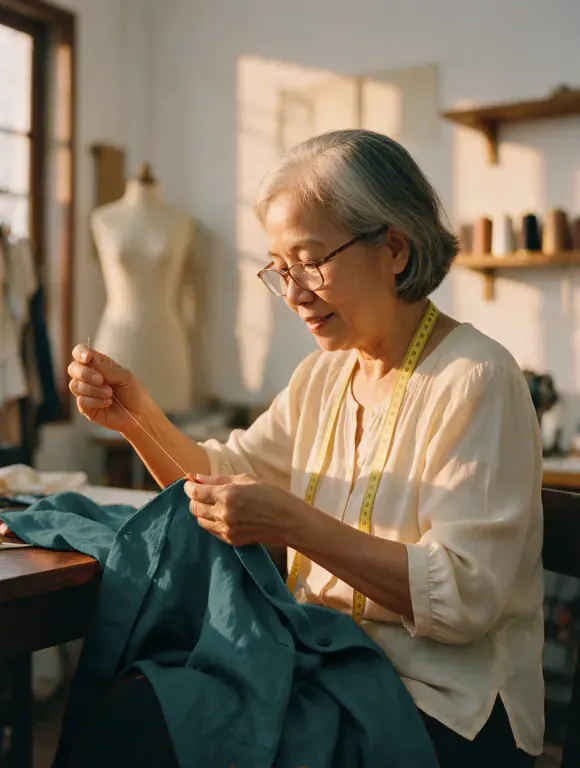 A seamstress hand-stitching the hem of a teal linen jacket